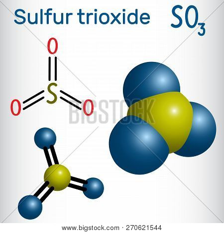 Sulfur Trioxide (sulfuric Anhydride, So3) Molecule. Structural Chemical Formula And Molecule Model. 