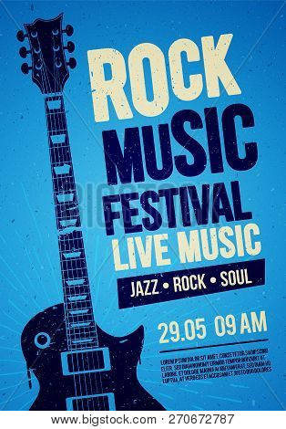 Vector Illustration Blue Rock Festival Concert Party Flyer Or Poster Design Template With Guitar, Pl