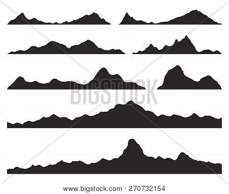 Mountains Silhouettes On The White Background. Wide Semi-detailed Panoramic Silhouettes Of Highlands