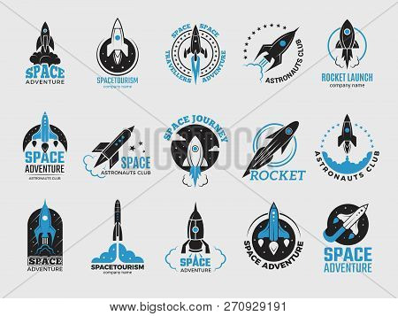 Rocket Logo. Space Satelite Retro Shuttle Moon Discovery Logotypes Of Observatory Vector Black Badge