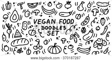 Vegan Food Doodle Collection. Natural Healthy Vegetarian Food, Vegetables And Fruits. Hand Drawn Lin