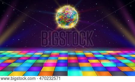 Disco Dance Floor. Retro Party Scene With Led Squares Grid Glowing Floor, Disco Ball And Starry Nigh