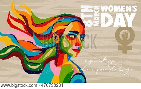 International Womens Day Greeting Card Template In Grunge Background With Young Woman Face With Long