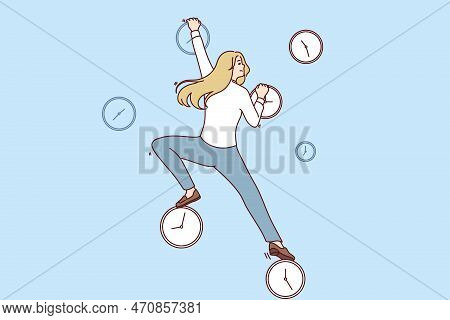 Purposeful Woman Freelancer Climbs Up Clock Wanting To Get Work Done And Meet Tough Deadlines On Tim