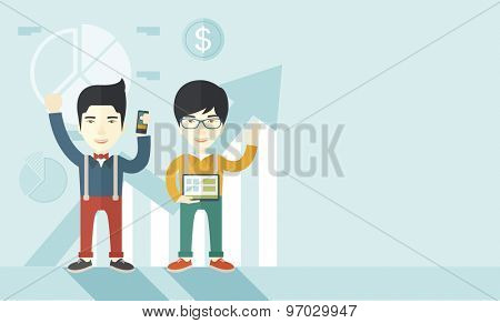 A two cheerful asian businessmen with arms up high enjoying their success shown in the graph at their back. A contemporary style with pastel palette soft blue tinted background. Vector flat design