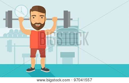 A handsome caucasian man lifting a barbell with fitness attire inside the gym. Contemporary style with pastel palette, soft blue tinted background. Vector flat design illustrations. Horizontal layout.