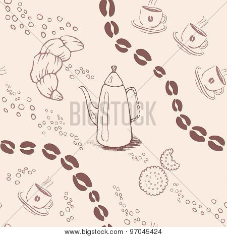 Seamless background pattern with coffee beans and cups. Vector illustration.