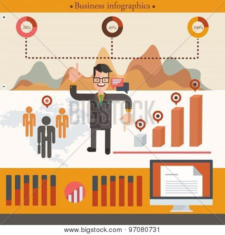 Businessman infographic with cartoon businessman. Vector illustration in flat style