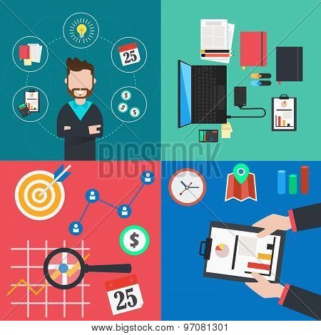 Collection of flat colorful business and finance concepts icons. Vector Illustration