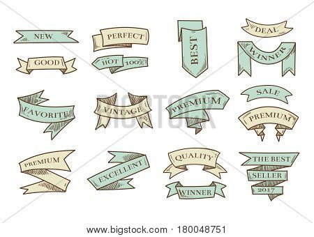 Retro hand drawn cartoon vector ribbons with marketing messages. Vintage ribbon set isolated on white background