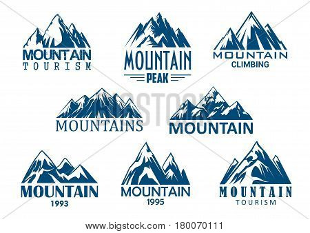 Mountain tourism and rock climbing icon set. Mountain top blue silhouette with snowy peak, steep rocky hill and mountain crest nature landscape for outdoor adventure, extreme sport and travel design