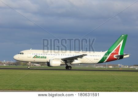 Amsterdam the Netherlands - April 7th 2017: EI-DSL Alitalia Airbus A320 takeoff from Polderbaan runway Amsterdam Airport Schiphol