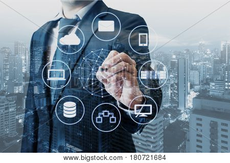 Double Exposure Of Professional Businessman Connected Devices With World Digital Technology Internet