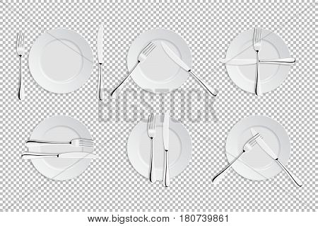 Vector realistic cutlery and signs of table etiquette. Catering facilities isolated icons. Set of of forks, table knives and plates. EPS10 illustration of tableware for cafes, restaurants etc.