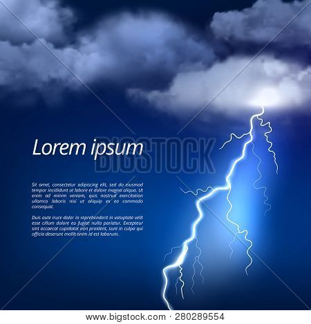 Storm Background. Thunderstorm Weather Rainy Clouds Night Sky With Dramatic Power Glow Lightning Str