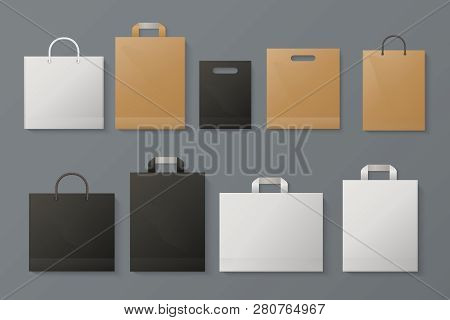 Shopping Bag Mockup. Realistic White Paper Package Craft Black Brand Merchandise Shop Gray Paper. Fa