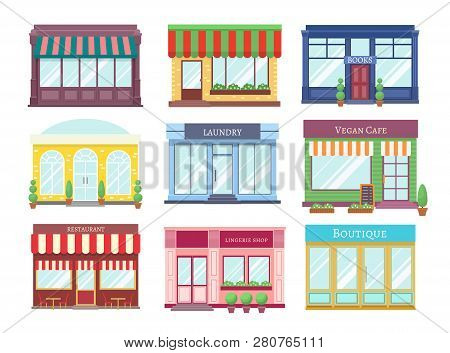 Store Flat Buildings. Cartoon Shop Facade With Showcase Boutique Retail Building Storefront Restaura