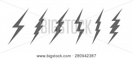 Lightning Bolt Minimal Simple Symbol. Vector Set Of Black Thunder Lighting Icons.