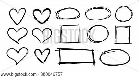 Vector Black Simple Hand Drawn Frames And Hearts, Geometric Shapes, Rough Sketched Brush Strokes, Ma