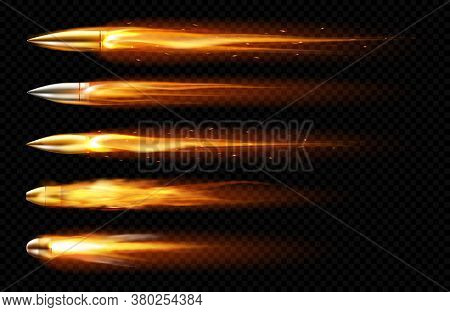 Flying Bullets With Fire And Smoke Traces. Vector Realistic Set Of Fired Bullets Different Calibers 