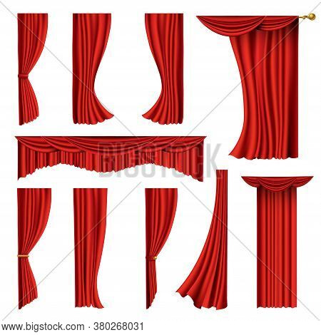 Collection Of Realistic Red Curtains. Theater Fabric Silk Decoration For Movie Cinema Or Opera Hall.