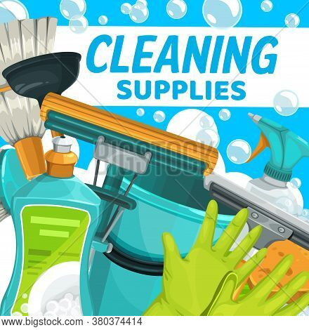 Cleaning Supplies, Household Clean Home Vector Bucket, Detergents And Cleaner Sponge. Cleaning Servi