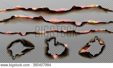 Burnt Paper Edges With Fire And Black Ash. Vector Realistic Set Of Borders And Frames From Scorched 