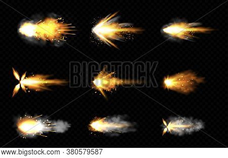 Gun Shot With Fire And Smoke. Weapon Firing Effects. Vector Realistic Set Of Gun Muzzle Flashes, Fly