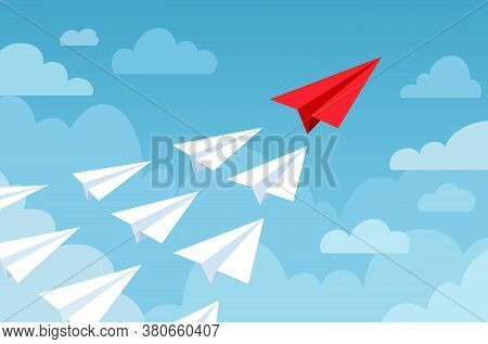 Paper Plane. Flying Planes White And Red Color, Start Up New Idea, Leadership. Business Competition,