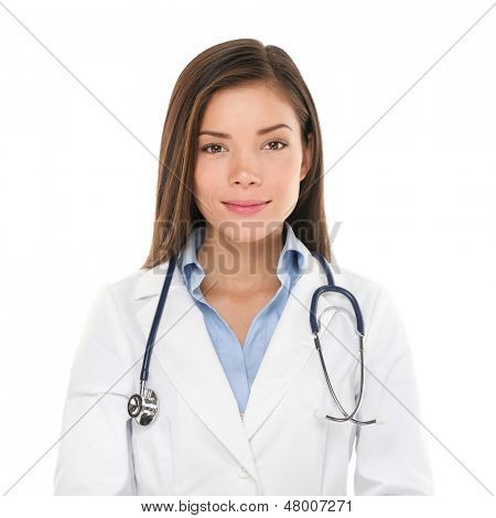 Medical people: Young asian doctor woman. Female medical doctor smiling portrait. Multiracial Asian / Caucasian woman medical professional isolated on white background.