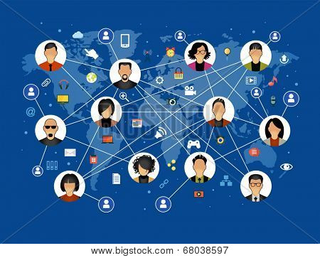 Flat design background the Communications in a global computer network. Avatars set on world map background surrounded interface icons. Social media concept. File is saved in AI10 EPS version.