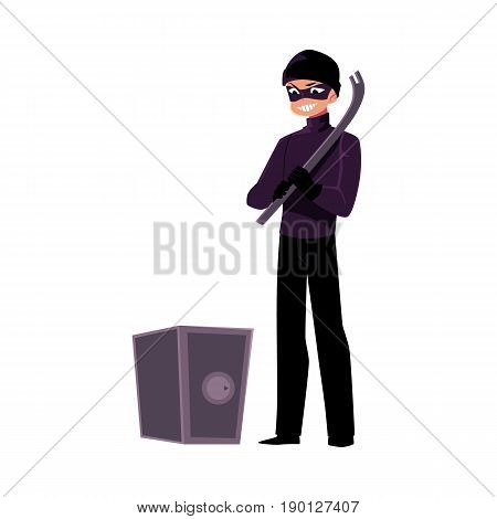 Thief, burglar going to force open safe box with tire lever, cartoon vector illustration isolated on white background. Burglar, robber, thief in black mask with tire lever tool going to open a safe