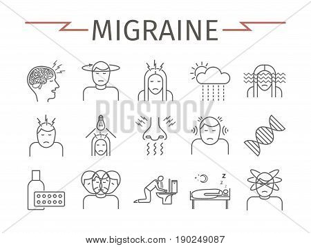 Migraines Infographics. Migraine symptoms. Headache line icons. Vector set