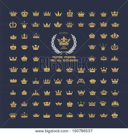 Vector collection of creative king and queen crowns symbols or logo elements. Set of Geometric vintage crown