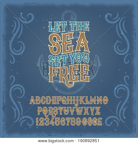 Vector illustration of a vintage font, the Latin alphabet and numerals in a retro frame and marine background. Template, design element