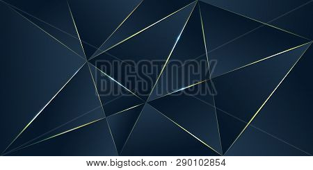 Dark Blue Premium Background With Luxury Polygonal Pattern And Gold Triangle Lines. Low Poly Gradien