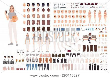 Stylish Young Woman Animation Set Or Constructor Kit. Collection Of Body Parts, Gestures, Trendy Clo