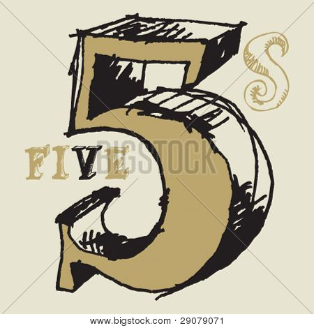 naive 3D numerals, hand drawn number five