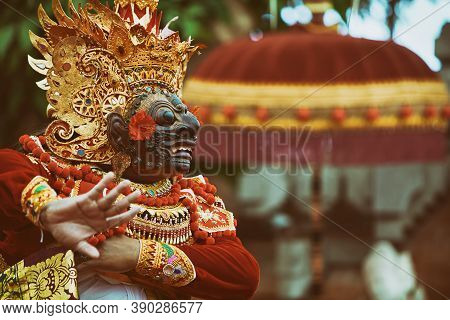 Traditional Balinese Costume And Mask Tari Wayang Topeng - Characters Of Bali Culture. Temple Ritual