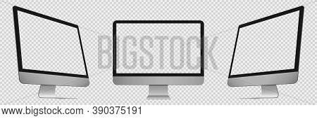 Desktop Computer With Transparent Display. Pc In Front And Side View. Isolated Realistic Mockup Of C