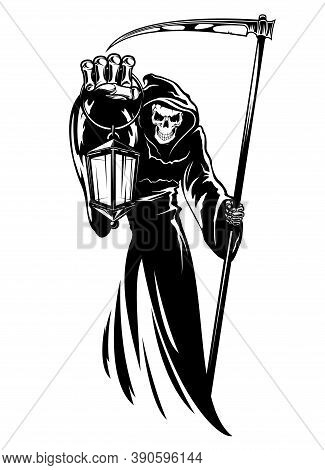 Reaper With Scythe And Lantern. Grim Death Wearing Black Chlamydia With Hood. Skeleton Character In 