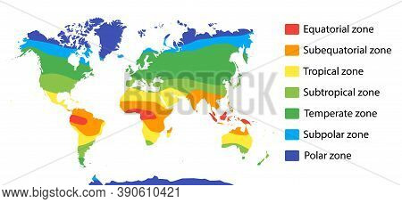 Climate Zones Map. Vector With Equatorial, Tropical, Polar, Temperate And Sub- Zones