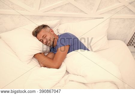 Peaceful Mature Man Relaxing. Good Sleep Is Reachable Dream. World Sleep Day. Benefits Of Good And H