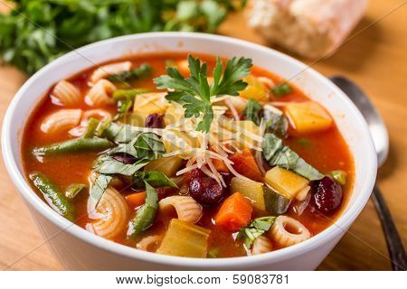 Bowl of Minestrone Soup with Pasta, Beans and Vegetables