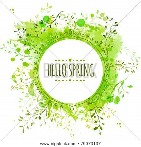 White doodle circle frame with text hello spring. Green paint splash background with leaves. Fresh v