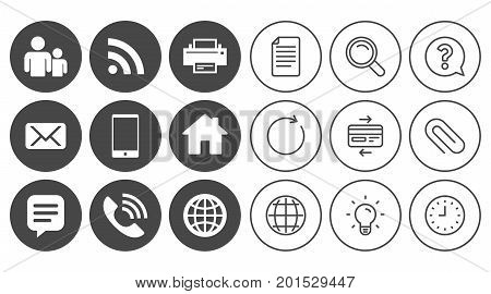 Contact, mail icons. Communication signs. E-mail, chat message and phone call symbols. Document, Globe and Clock line signs. Lamp, Magnifier and Paper clip icons. Question, Credit card and Refresh