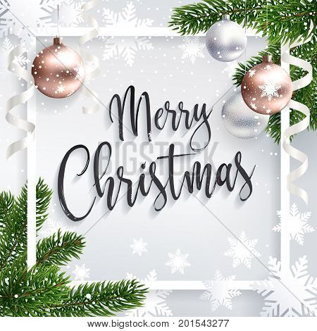 Merry Christmas inscription greeting. White festive background with typography and holidays elements. Christmas tree branches, balls rose gold and serpentine. Calligraphic script. Lettering text.