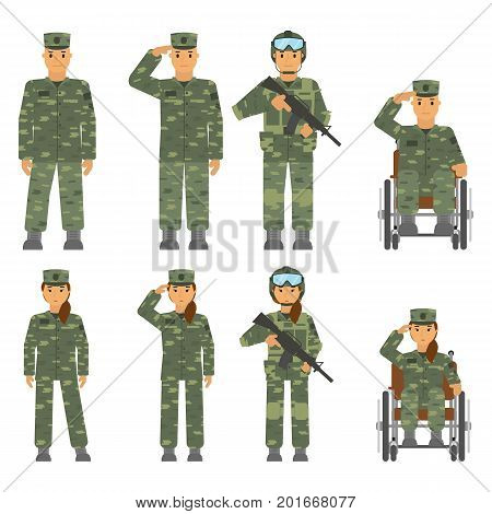 Vector set of soldier man and woman isolated on white background. Saluted soldier, warrior with weapon, soldier in armchair, soldier an attention.