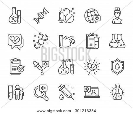 Medical Healthcare, Doctor Line Icons. Drug Testing, Scientific Discovery And Disease Prevention Sig