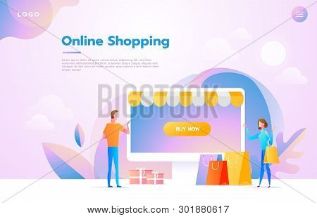 Happy Couple Doing Online Shopping Together And Carrying Shopping Bags, They Used A Retail App On A 